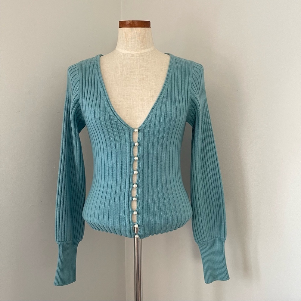 Wardrobe essential Aritzia Wilfred Knit Pearl Cardigan in Blue NWOT size Small